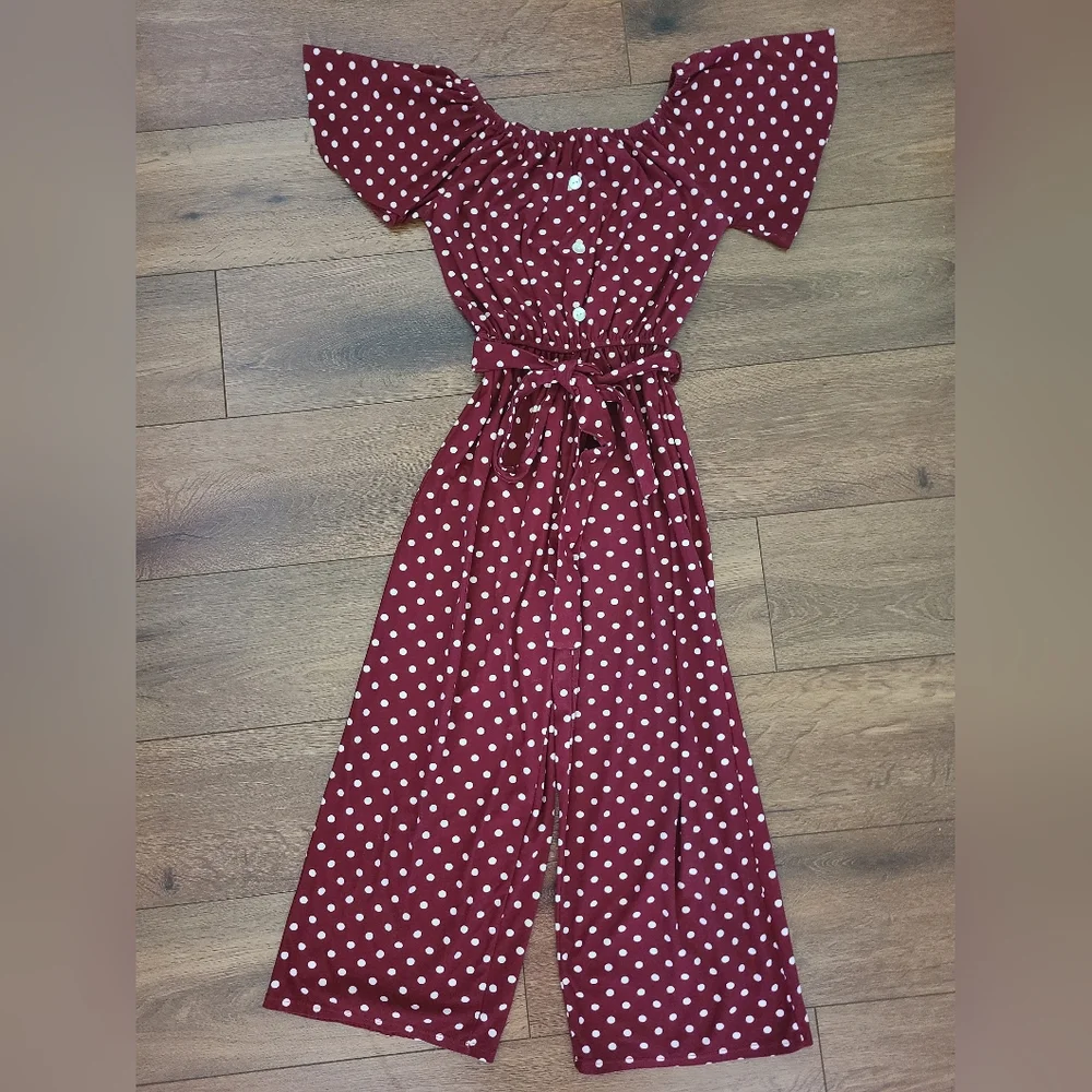 Trendz Sz M Girls' Polka Dot Jumpsuit Tie Belt Stretchy Elastic Waist